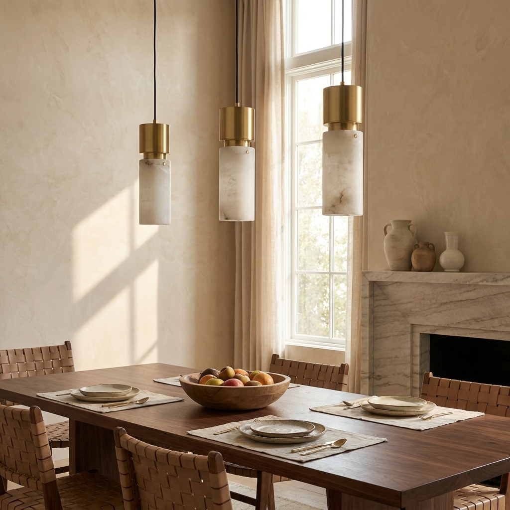 Natural Alabaster Cylinder Brass Pendant Light