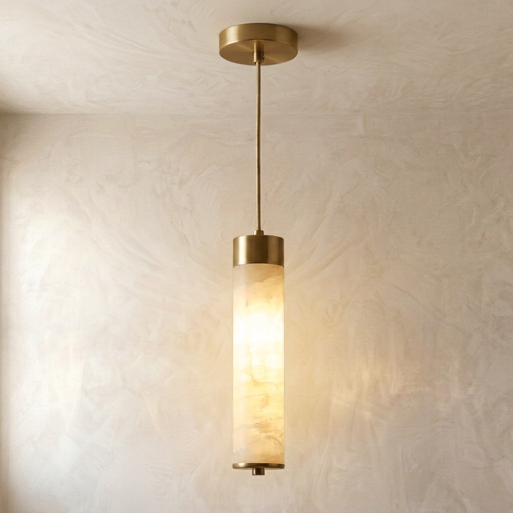 Natural Alabaster Brass Cylinder Pendant Light