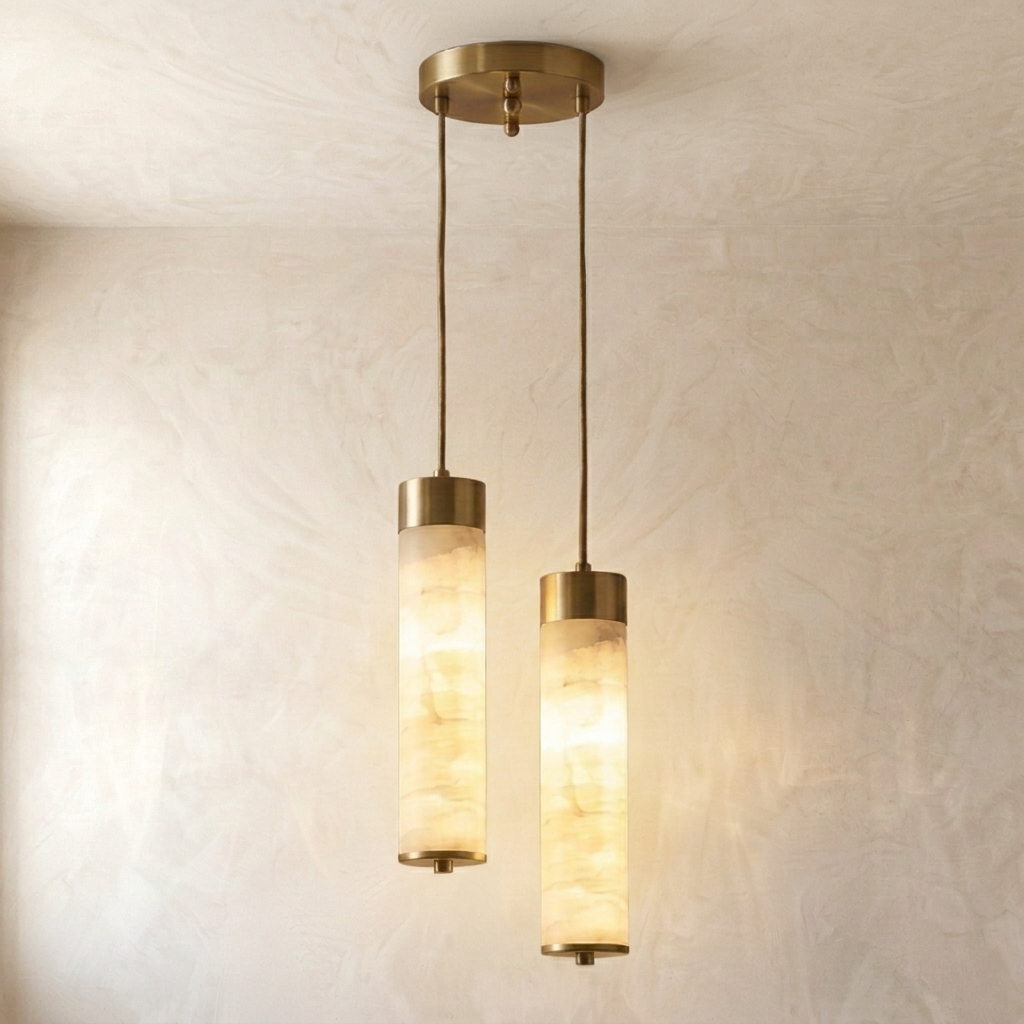 Natural Alabaster Brass Cylinder Pendant Light