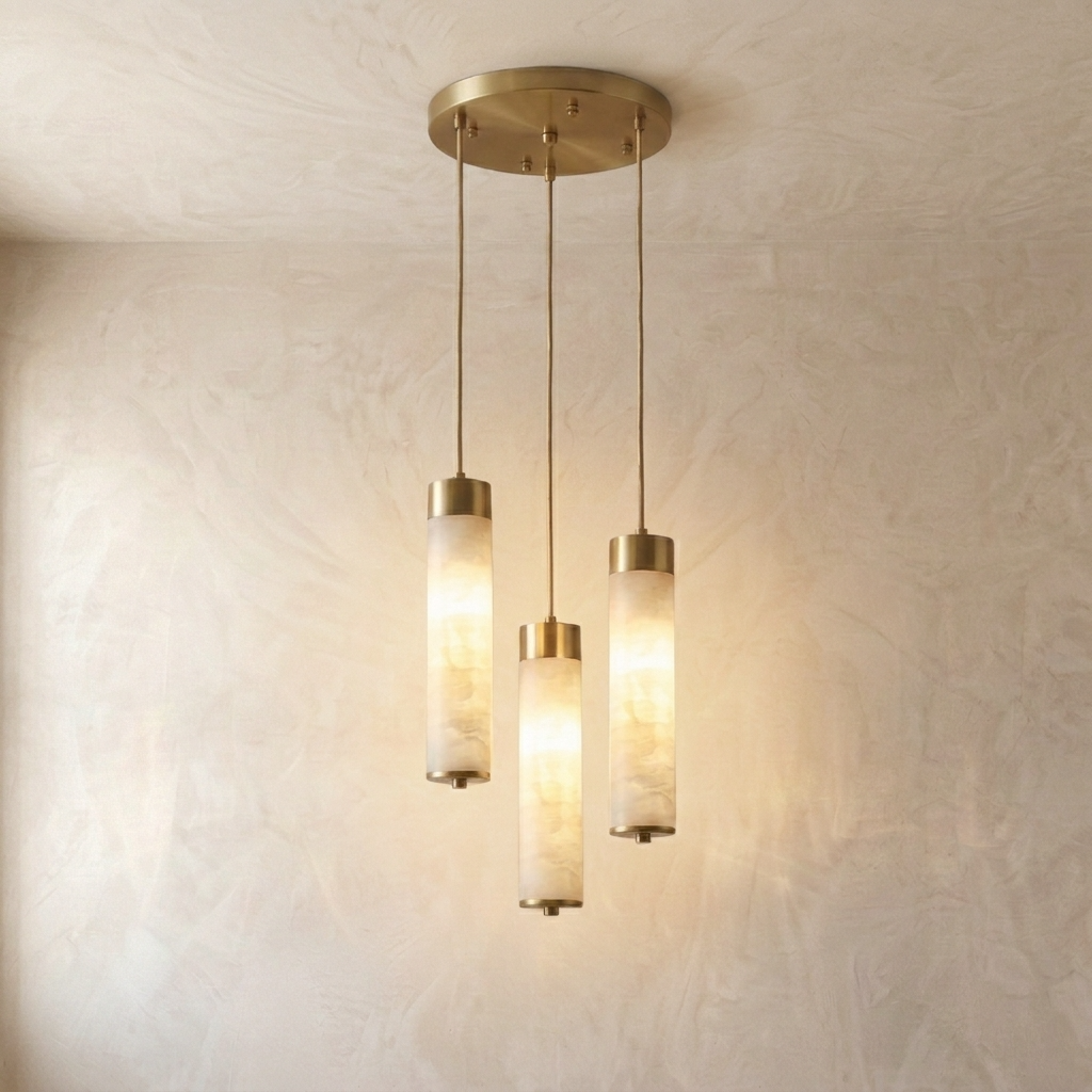 Natural Alabaster Brass Cylinder Pendant Light