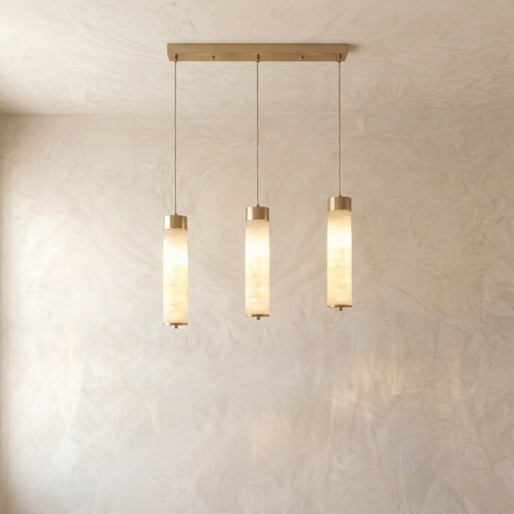 Natural Alabaster Brass Cylinder Pendant Light
