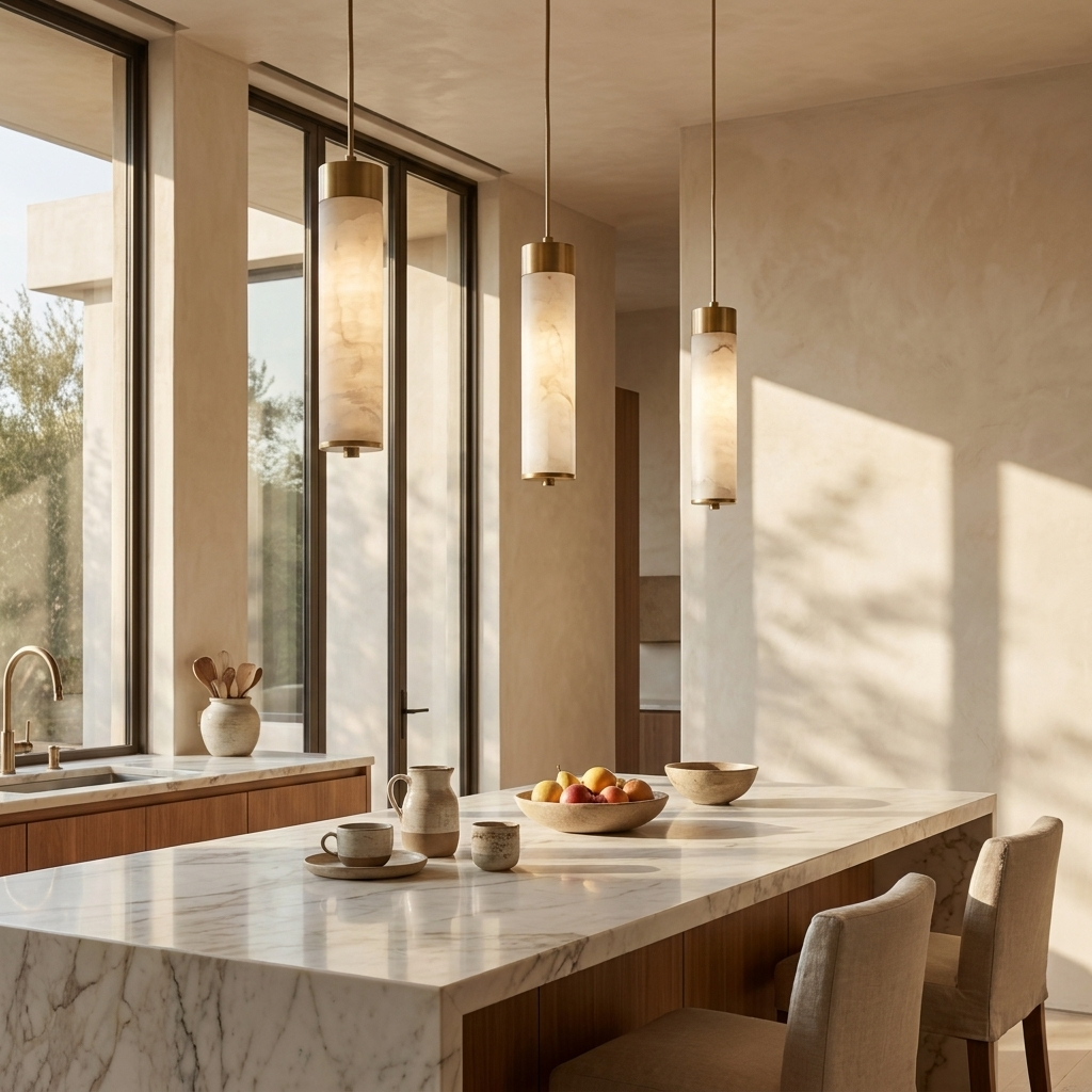 Natural Alabaster Brass Cylinder Pendant Light