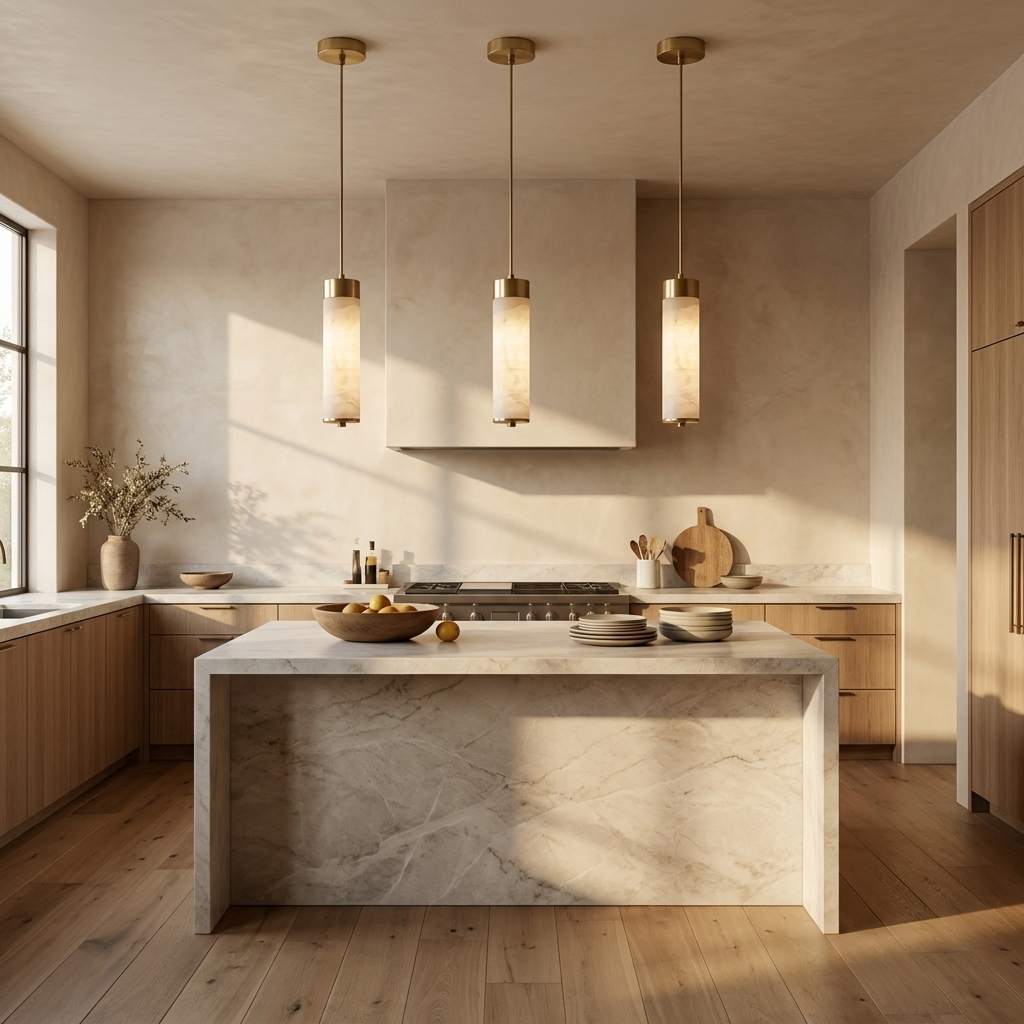 Natural Alabaster Brass Cylinder Pendant Light