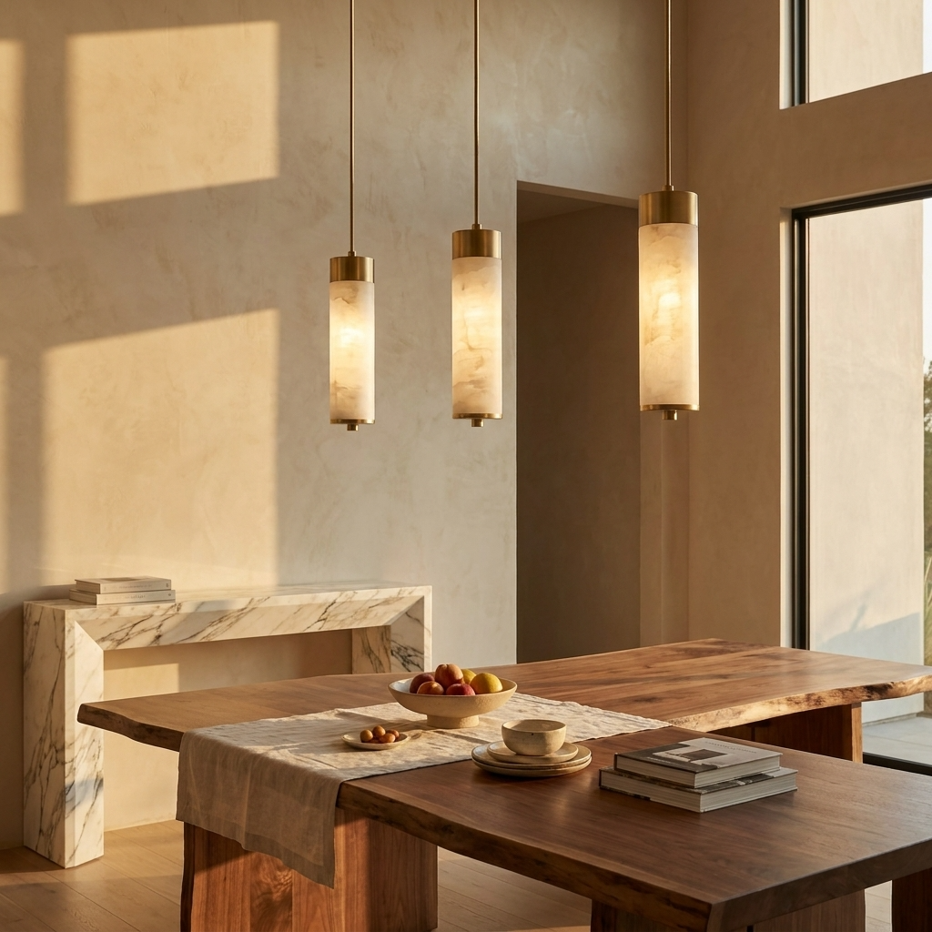 Natural Alabaster Brass Cylinder Pendant Light