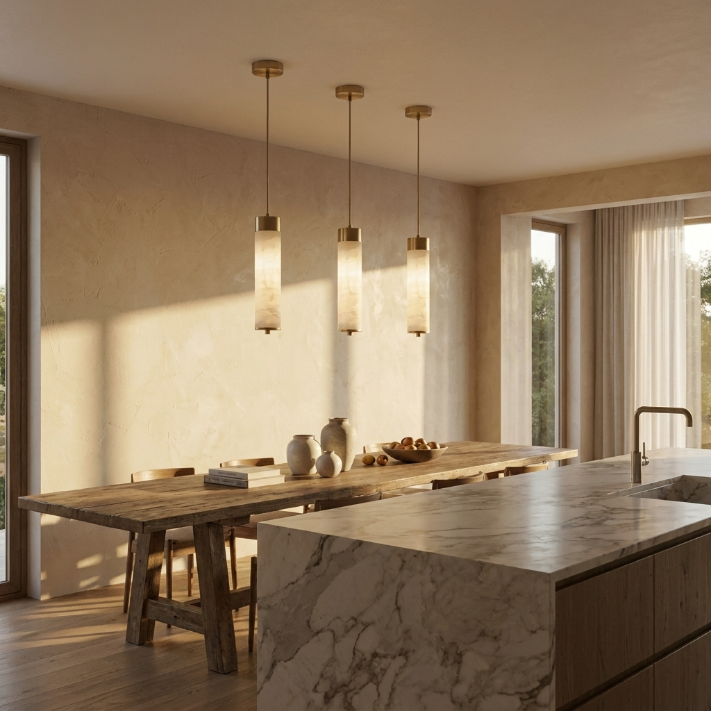 Natural Alabaster Brass Cylinder Pendant Light