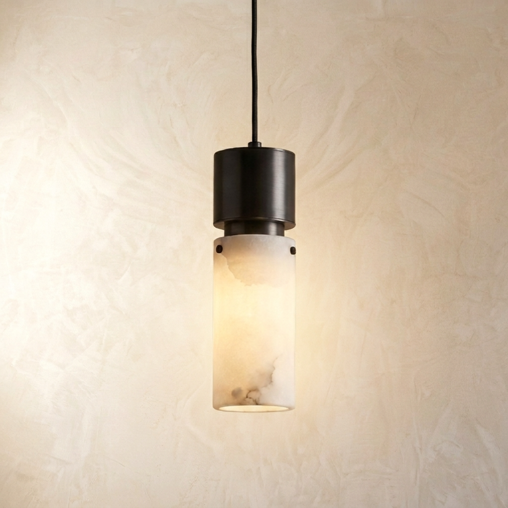 Natural Alabaster Cylinder Brass Pendant Light