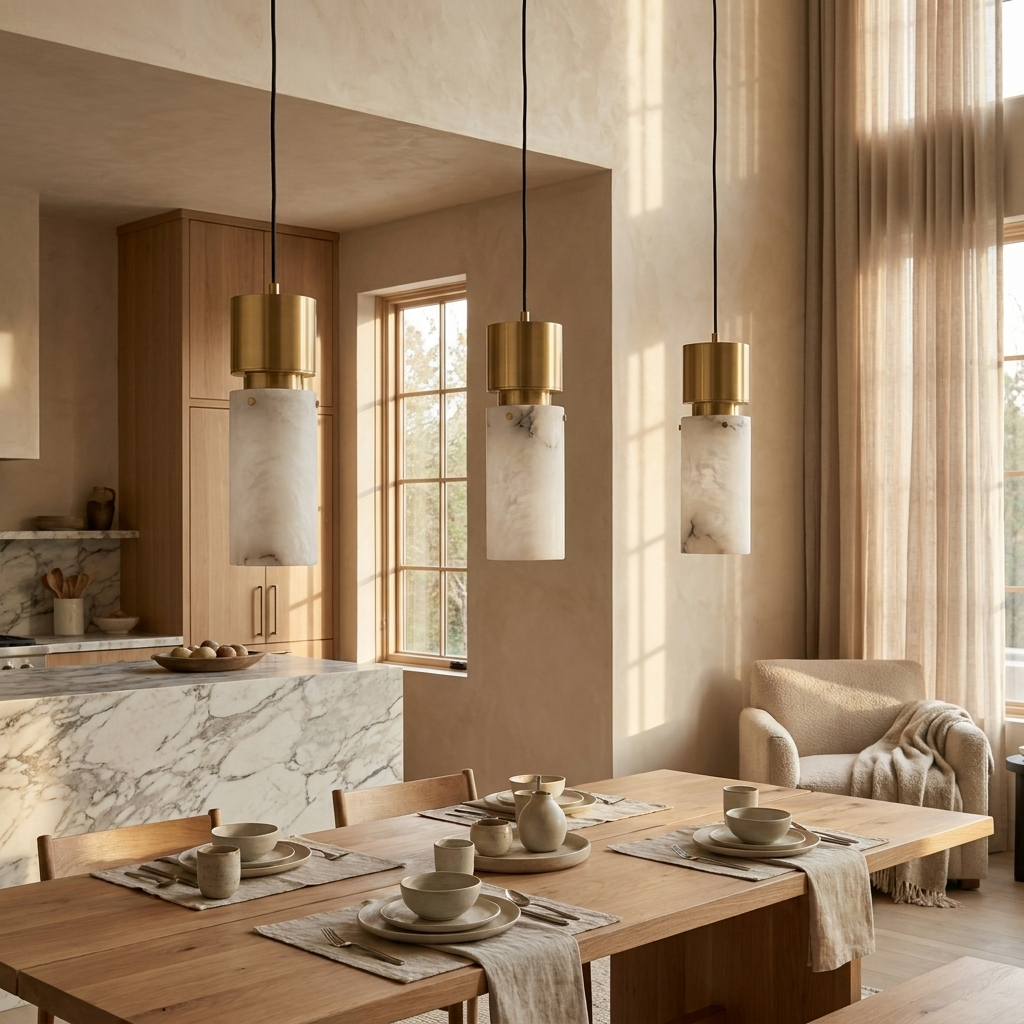 Natural Alabaster Cylinder Brass Pendant Light