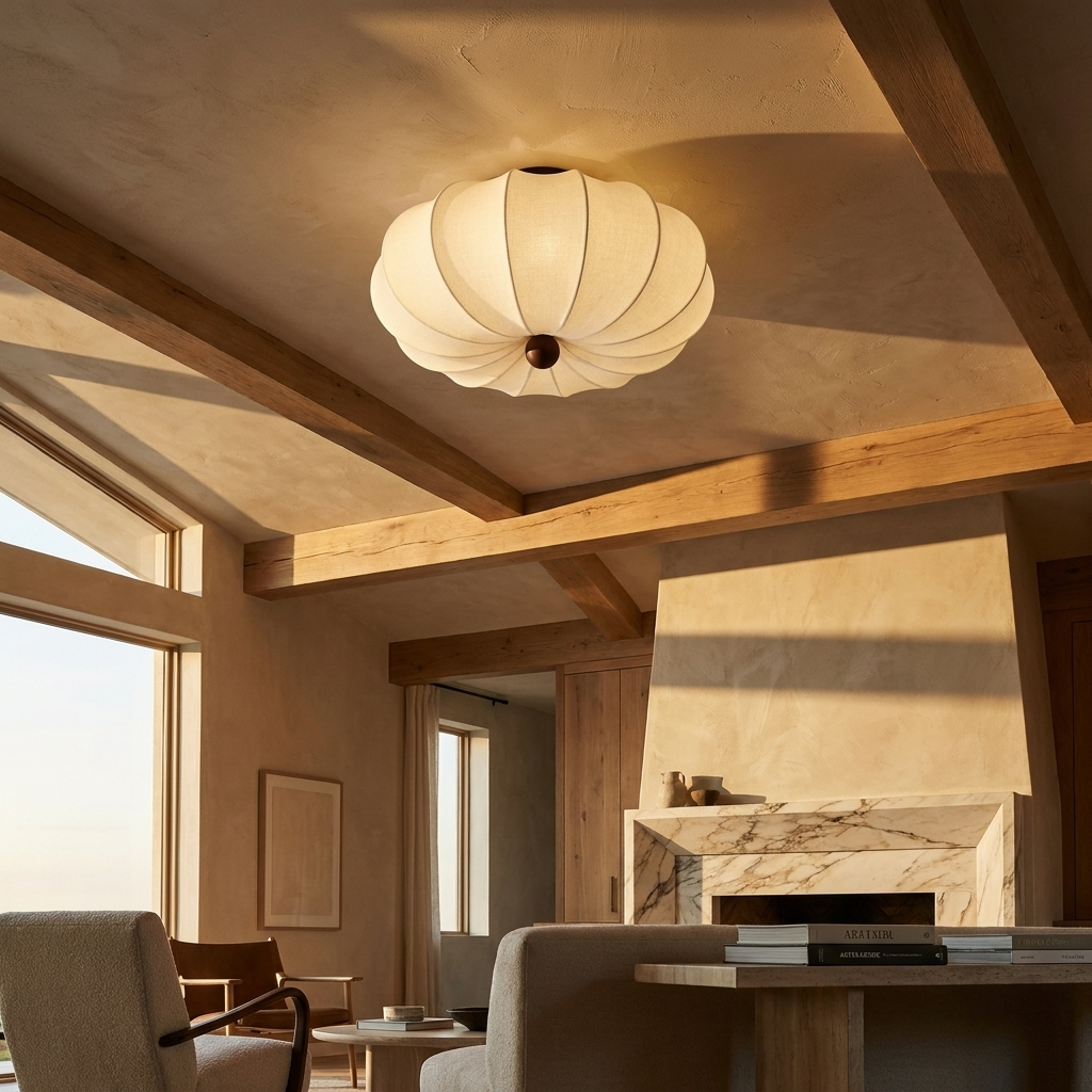 Japanese Curved Silk Wabi Sabi Ceiling Light