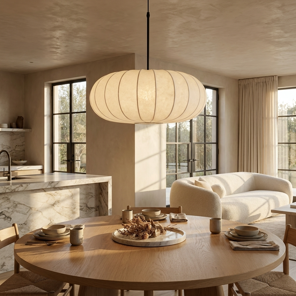 Japanese Oval Silk Wabi Sabi Pendant Light