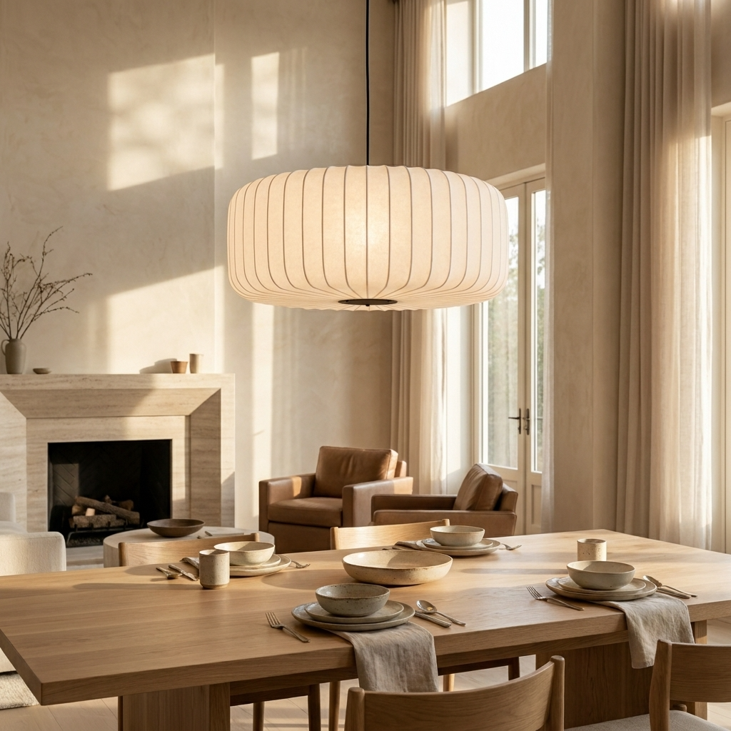 Japanese Ribbed Silk Wabi Sabi Pendant Light
