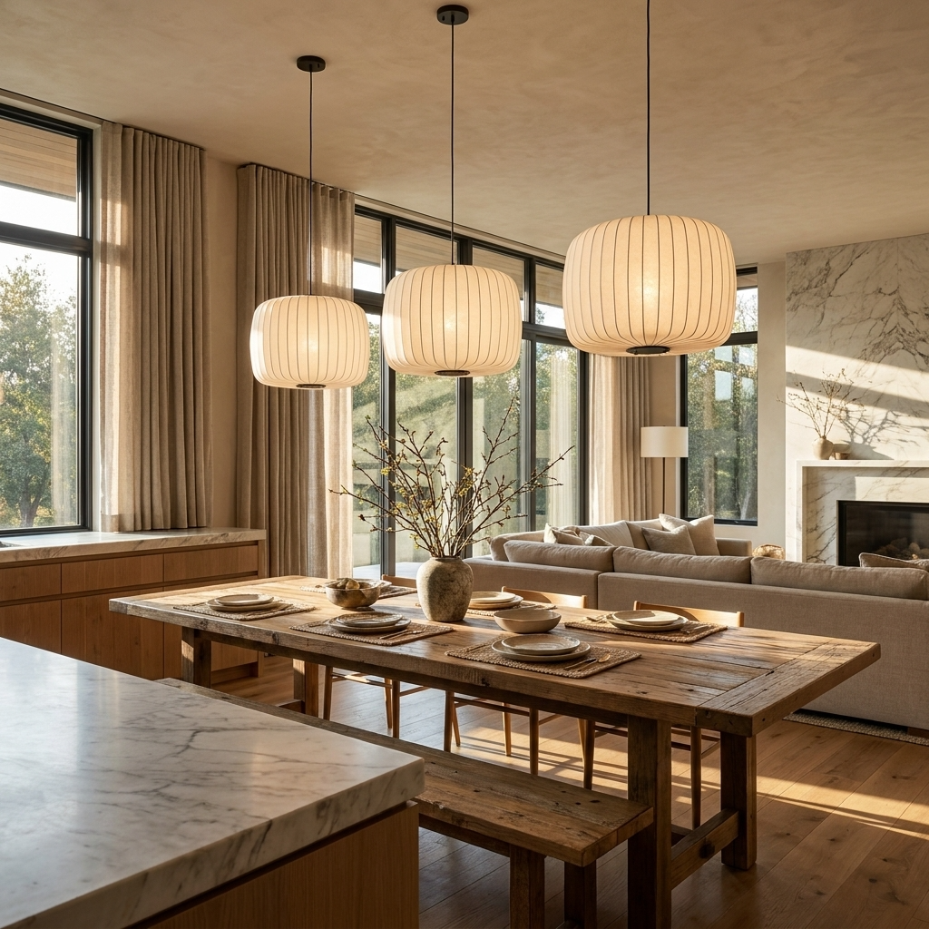 Japanese Ribbed Silk Wabi Sabi Pendant Light