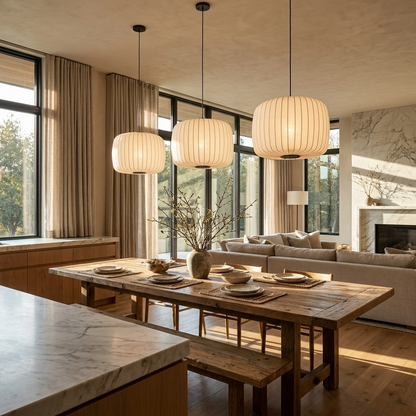 Japanese Ribbed Silk Wabi Sabi Pendant Light
