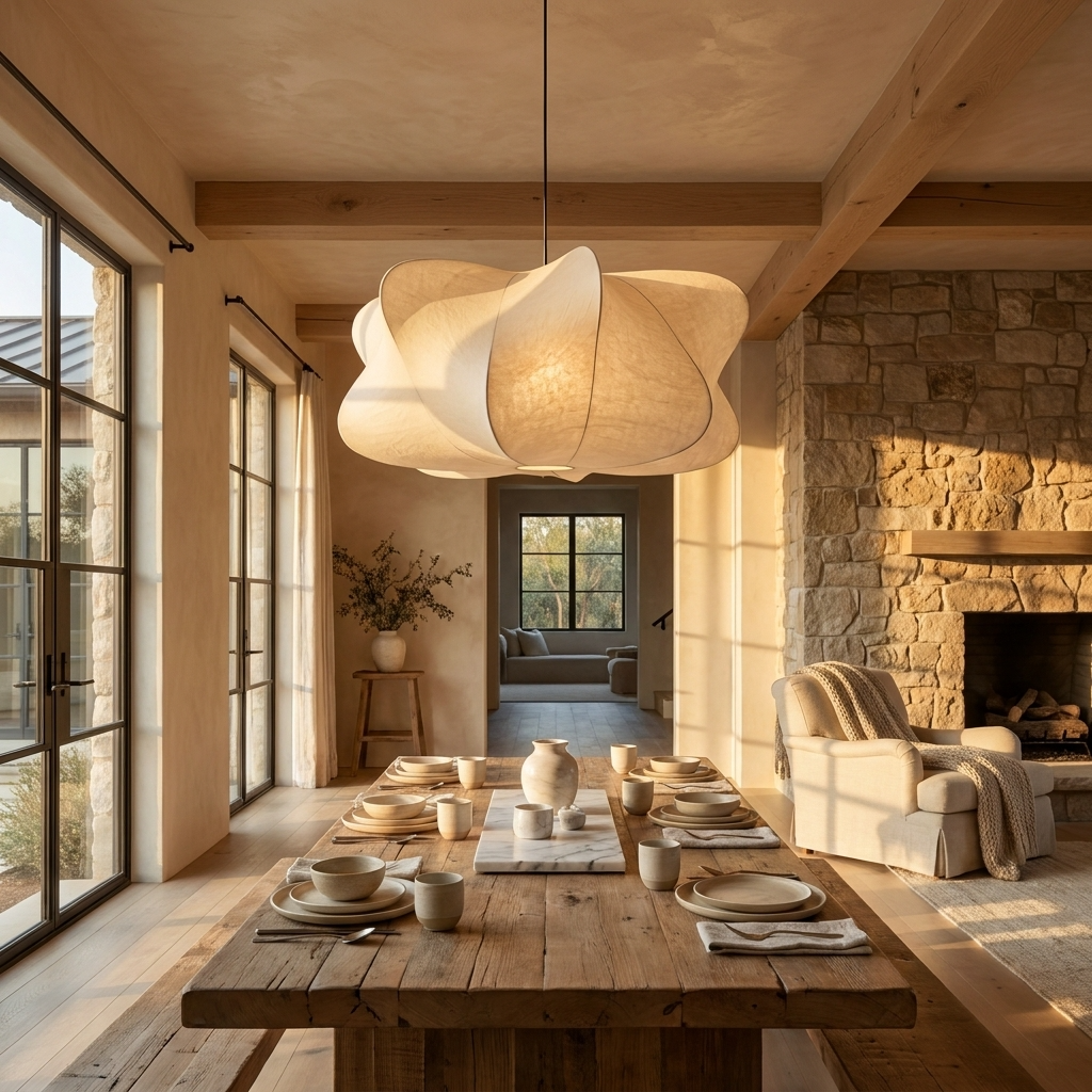 Japanese Sculptural Silk Wabi Sabi Pendant Light