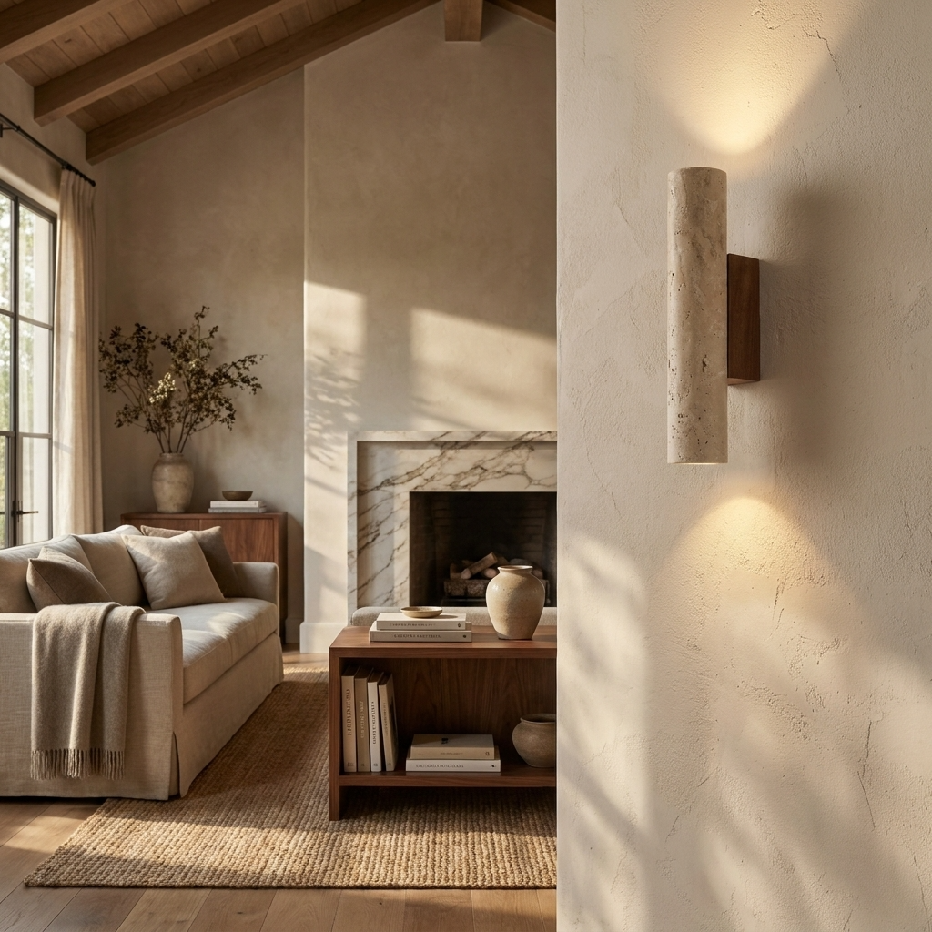 Natural Travertine Stone Cylinder Wall Lamp