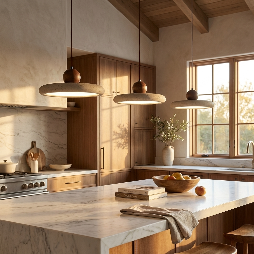 Natural Travertine Stone Slim Disc Pendant Light