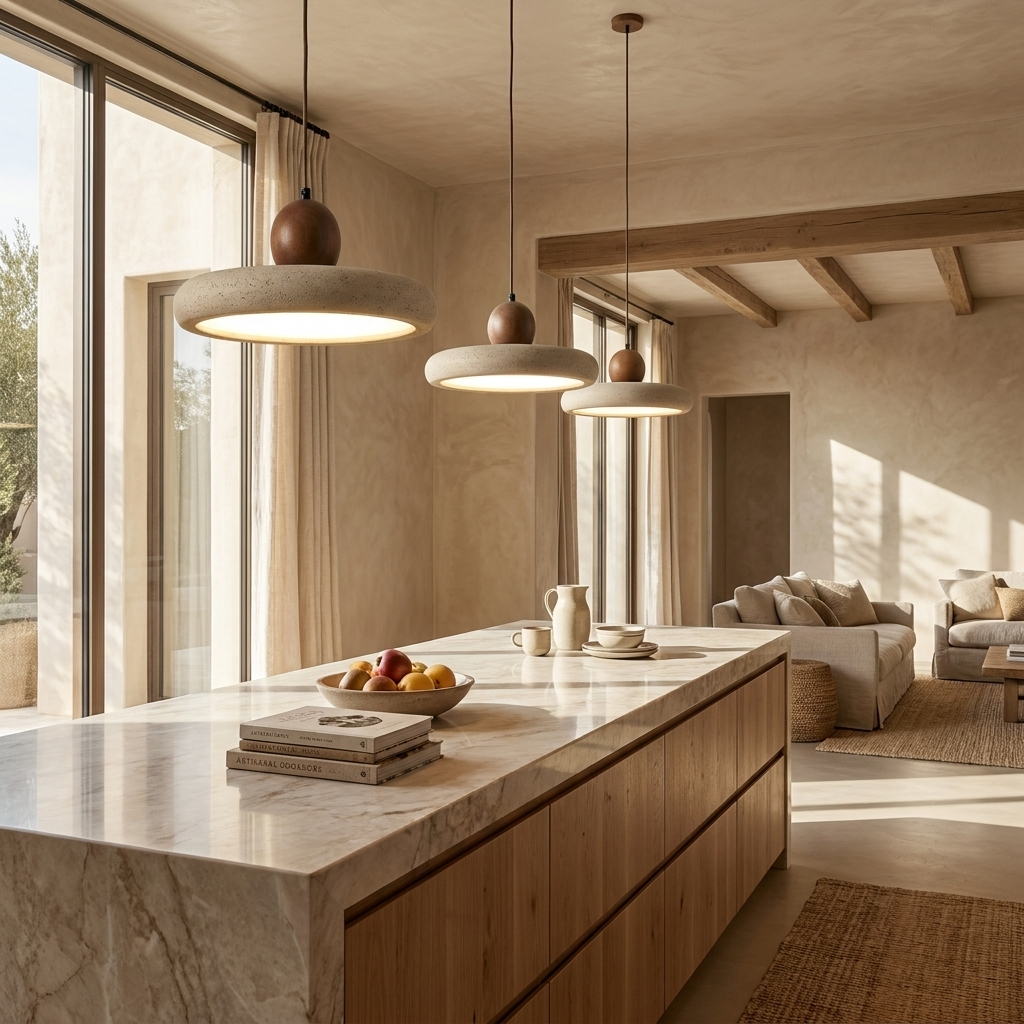 Natural Travertine Stone Slim Disc Pendant Light